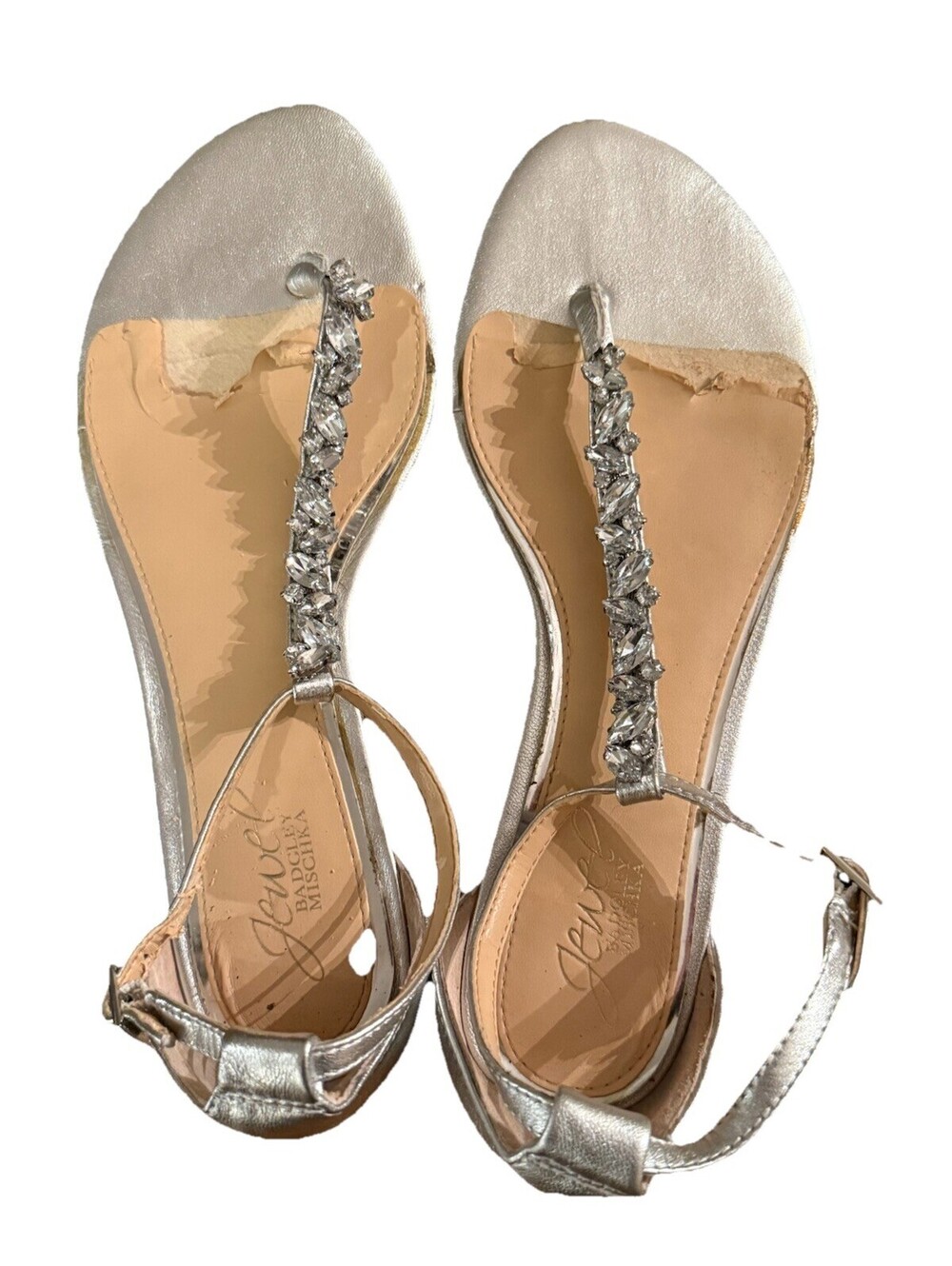 Jewel Badgley Mischa T Strap Silver Rhinestones Sandals Flats Size 7